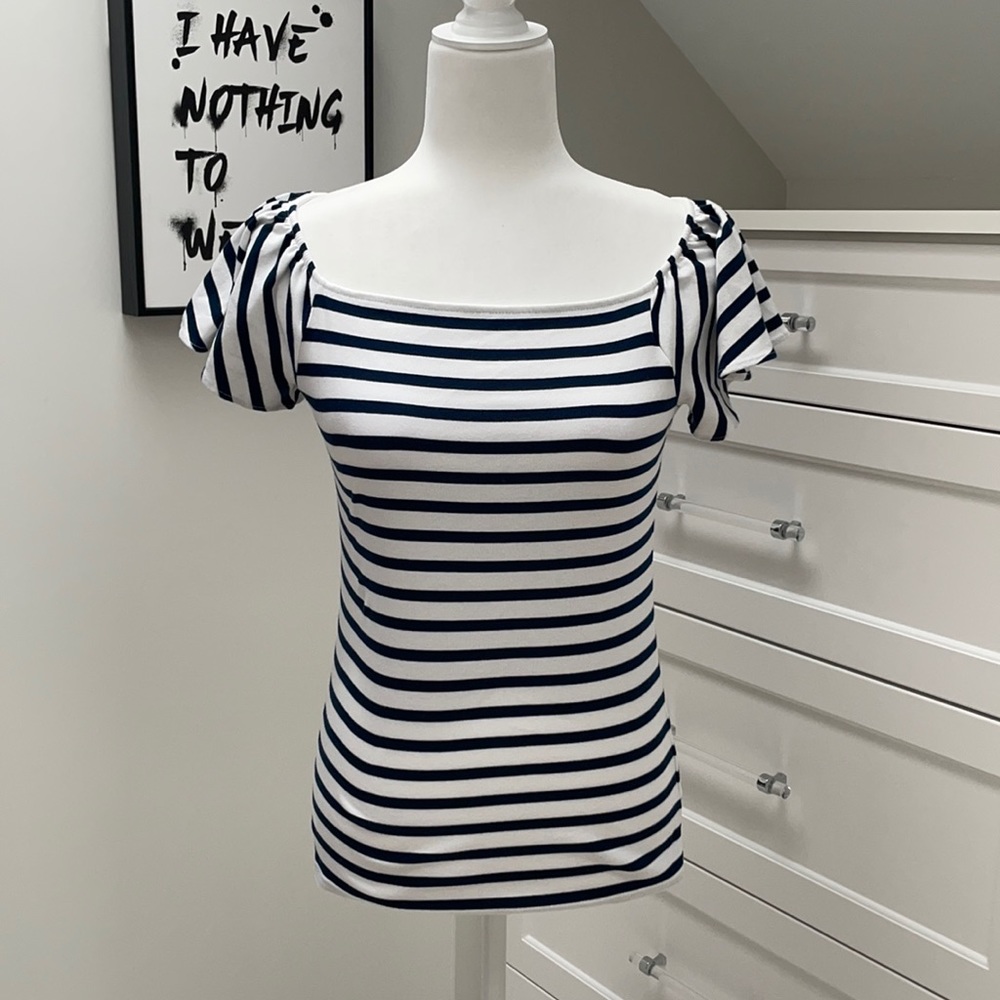 Lauren by Ralph Lauren navy and white striped top with flutter sleeve. Size S
